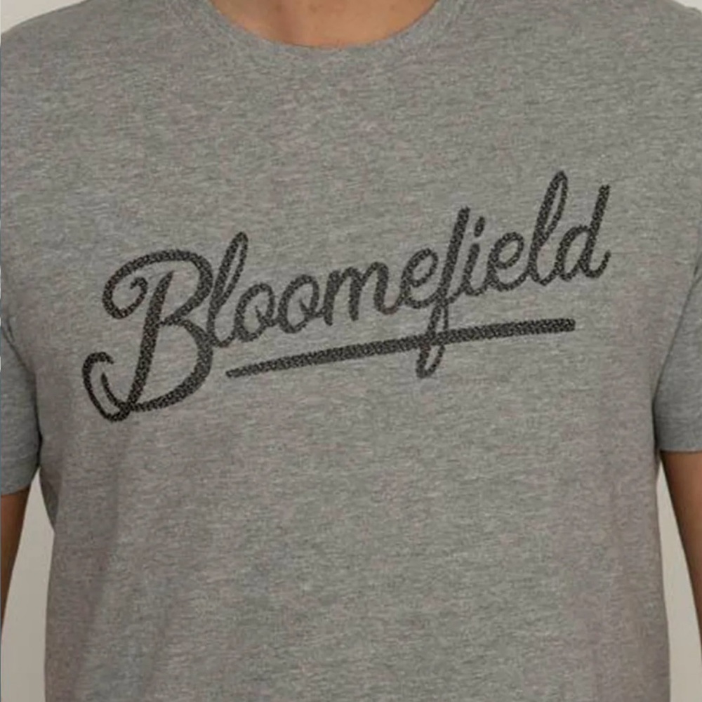 Gray Men's Shirt short sleeve T shirt with black logo.